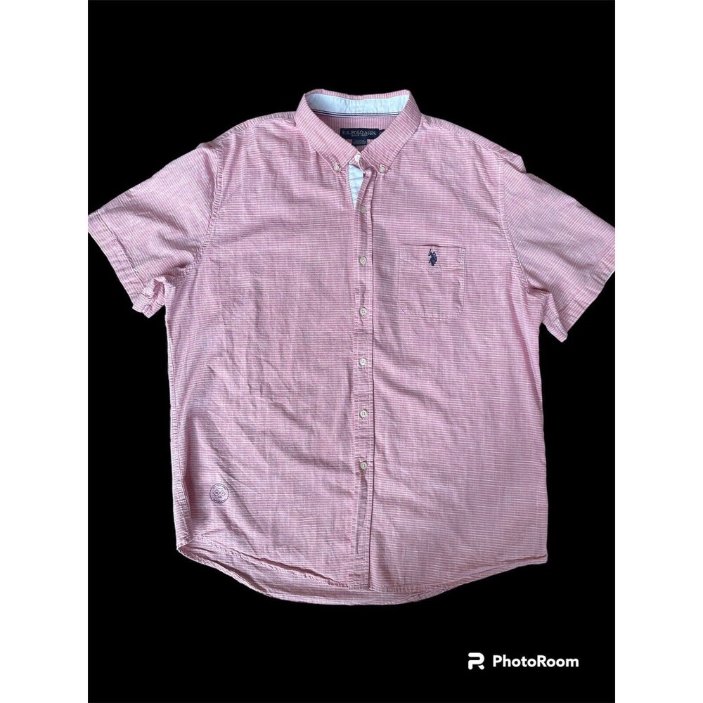 US Polo Assn Button Down Shirt Men Size 2XL Pink Strip Embroidered Short Sleeve